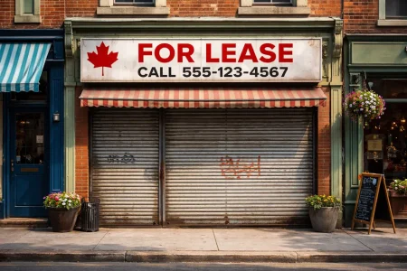 Canada Is Bleeding Businesses and Nobody in Government Is Stopping the Haemorrhage Closed Canadian storefront with For Lease sign, symbolizing Canada's entrepreneurial drought.